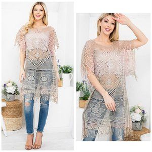 French Dusty Pink OMBRE BOHO Fringed Crochet Lace Cotton Tunic Dress Top 9693